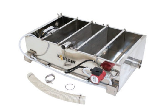 SZ-KAD-F Honey sump with 5 ventricle (separated by 4 strainers), tubes at the ends for incoming honey and a drain in the middle for the pump, capacity 160 litres, 1,1 kW, heated